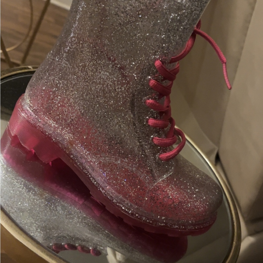 Clear Glitter Combat Boot with Hot Pink Accents - Women's